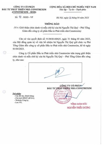 Giới thiệu mẫu chứ ký bà Nguyễn Thị Quý - Phó Tổng Giám đốc công ty