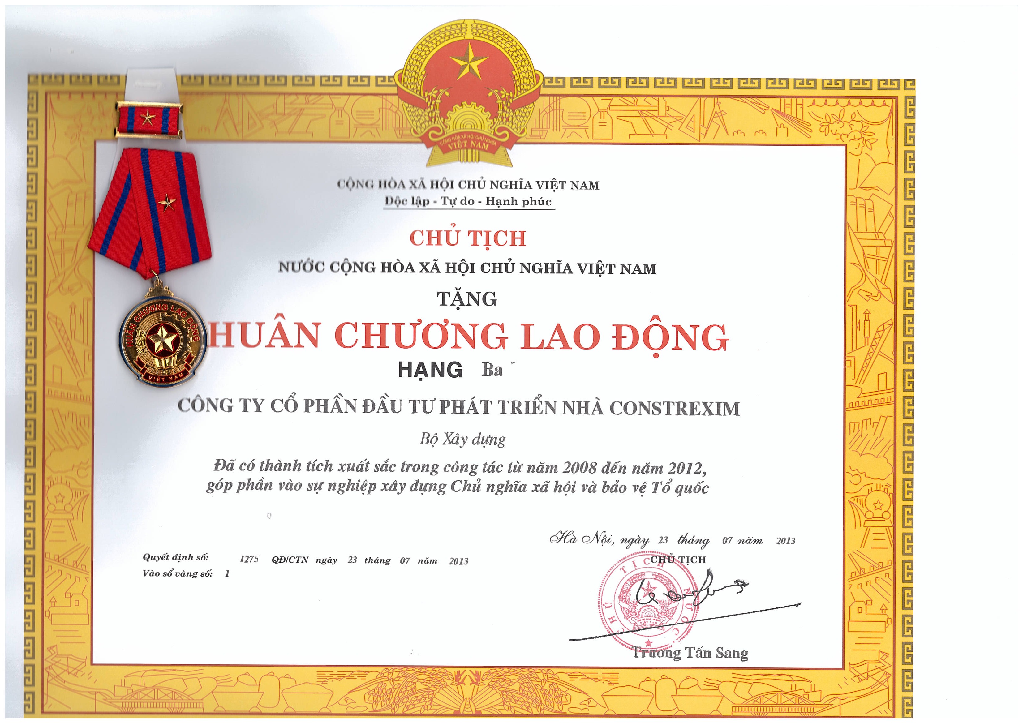 Huân chương lao động Hạng Ba của Chủ tịch nước Cộng Hòa Xã Hội Chủ Nghĩa Việt Nam tặng Công ty CONSTREXIM - HOD